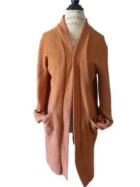 Women's Open-Front Waffle Knit Cardigan - Rust